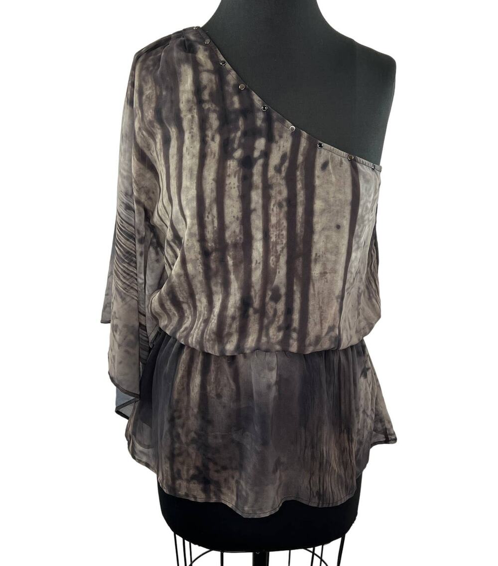Y2K Gen Z Soul Revival Brown Gray Print Peplum Chiffon Blouse Top Rhinestone M